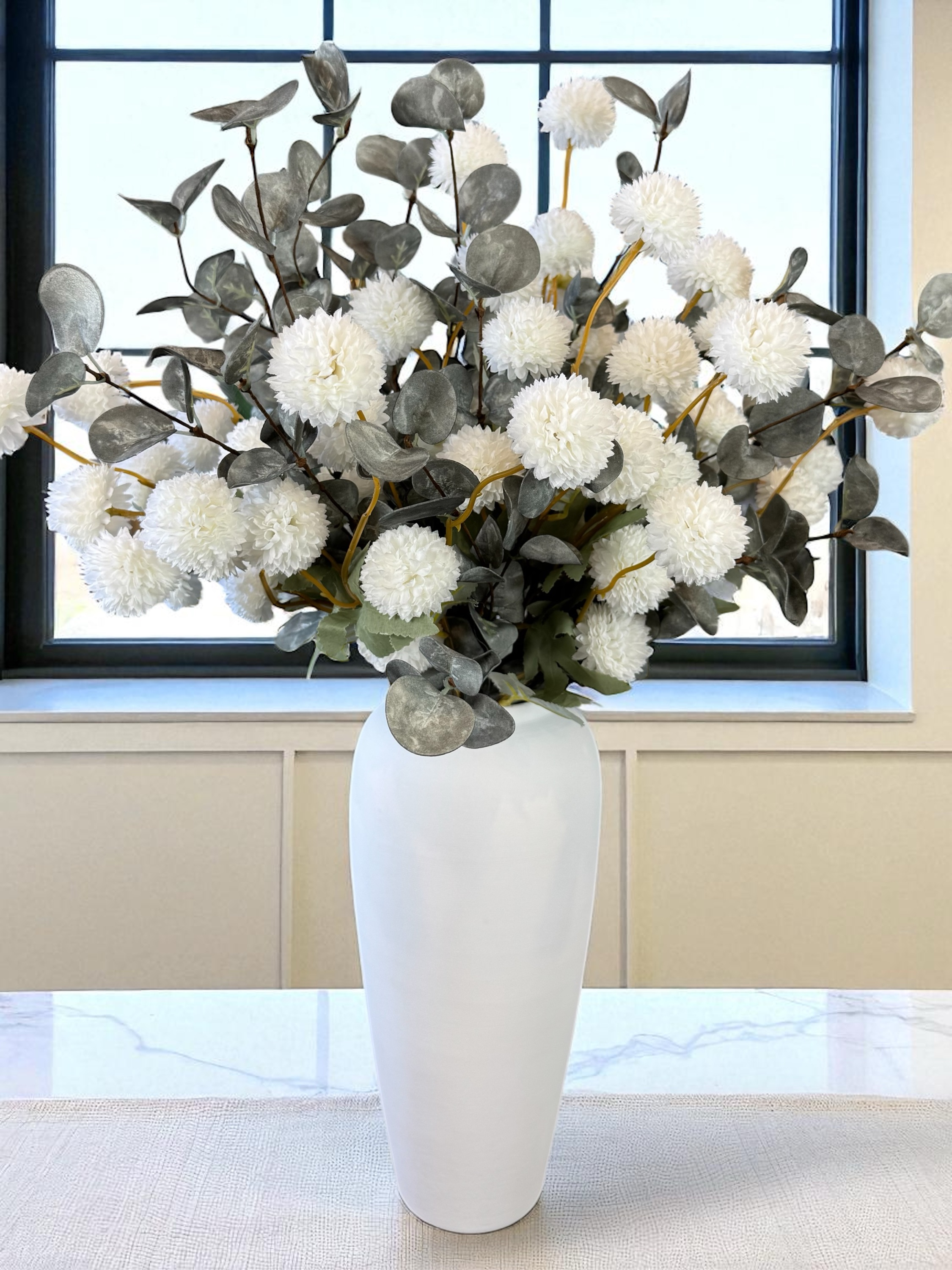 White PomPom Dahlias & Green Eucalyptus - Faux Arrangement