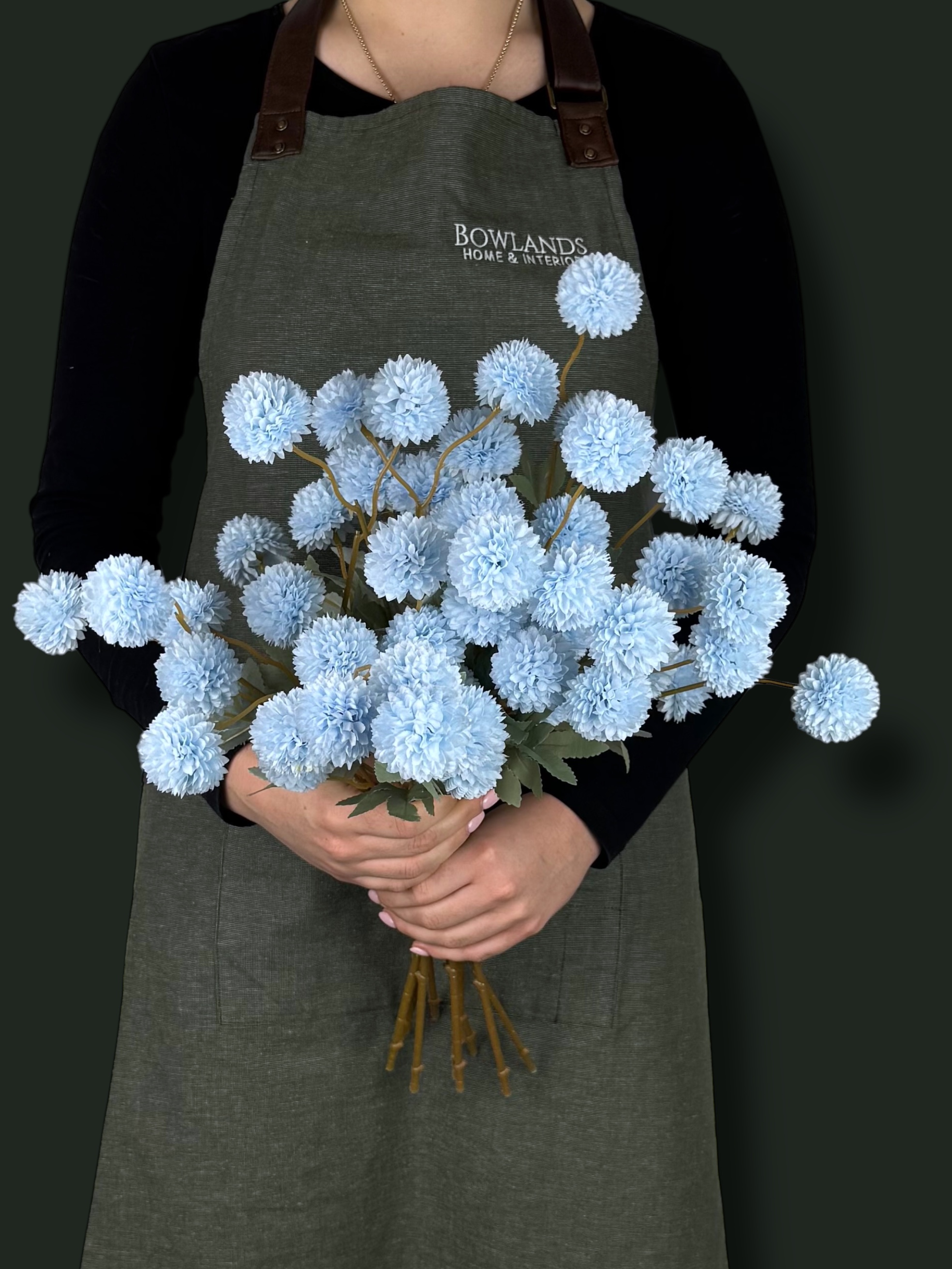 Small Head Faux Blue PomPom Dahlias - (10 Stems / 50 Heads)