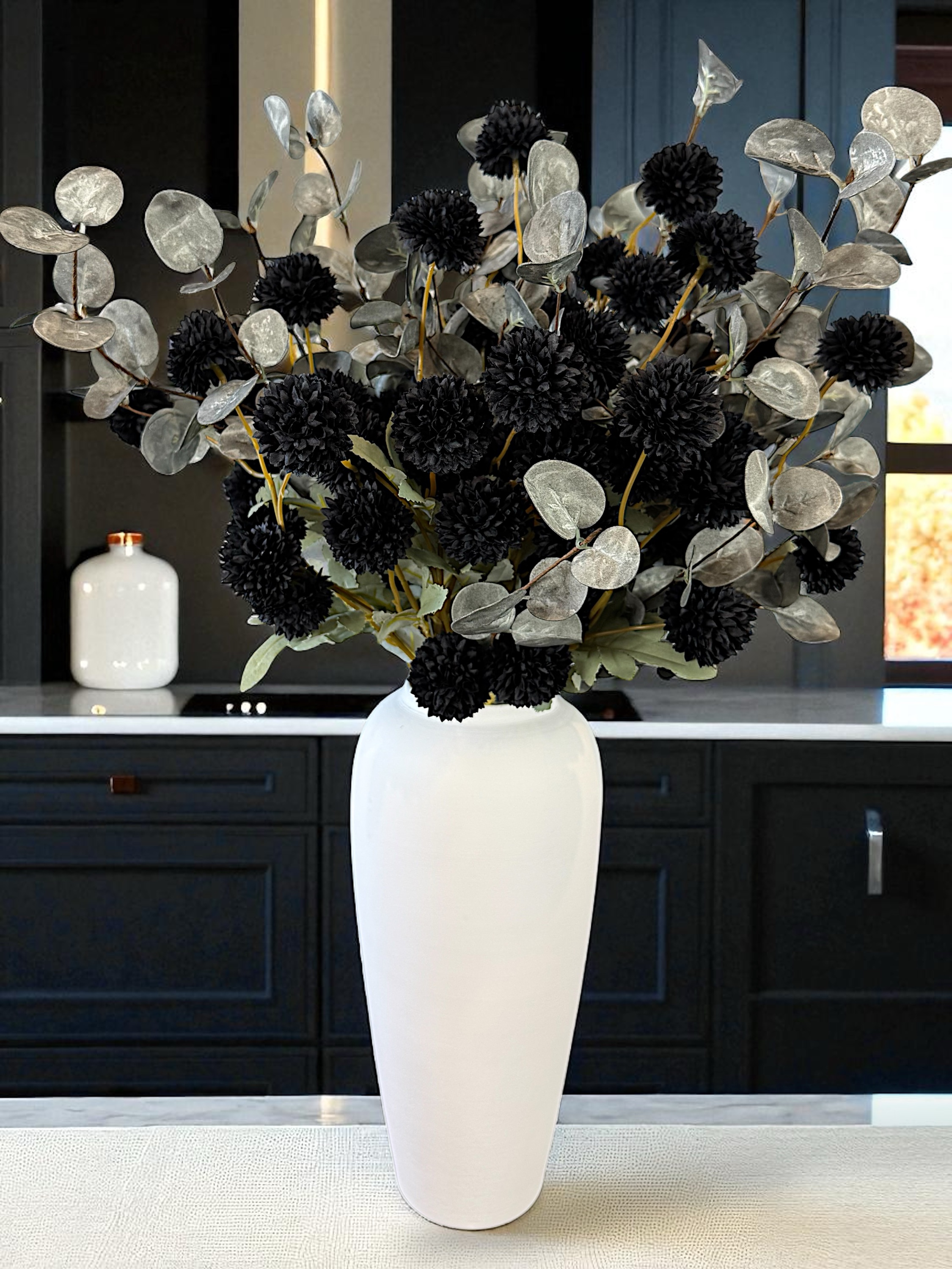 Black PomPom Dahlias & Green Eucalyptus - Faux Arrangement