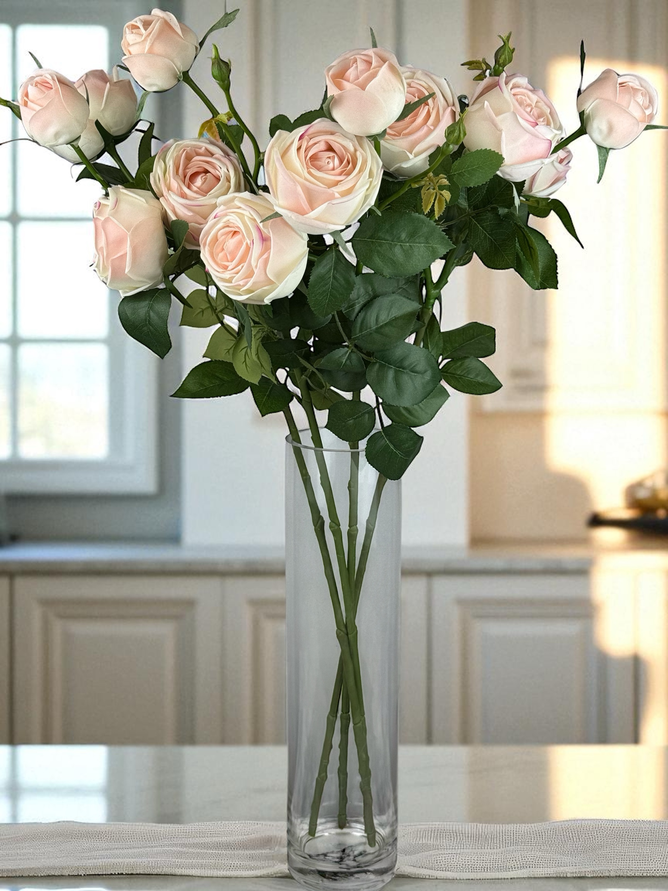 Faux Multi-Head Light Pink Roses - (4 Stems / 12 Heads)