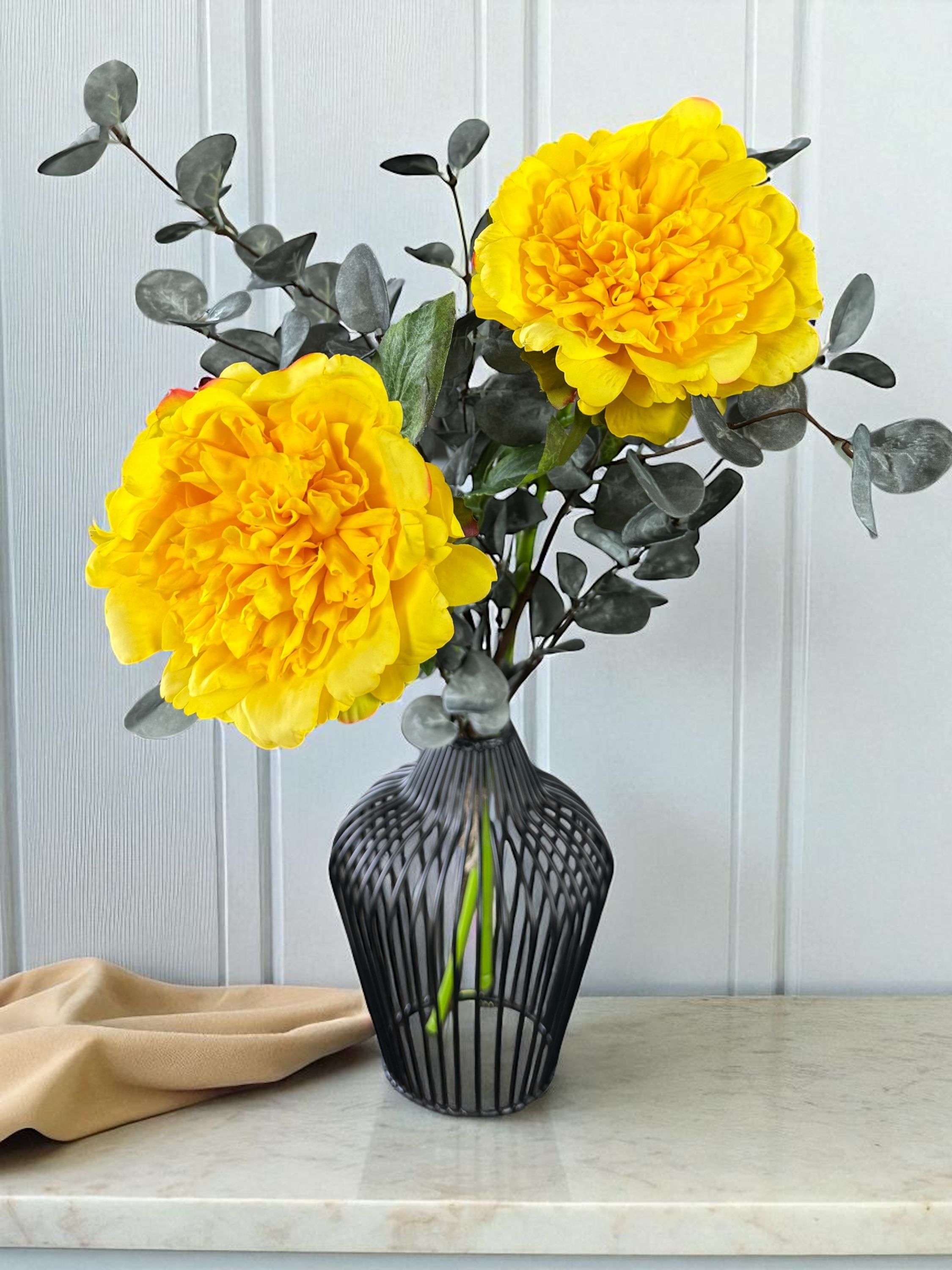 Mini Flower Bunch – Large Faux Yellow Peonies & Green Eucalyptus