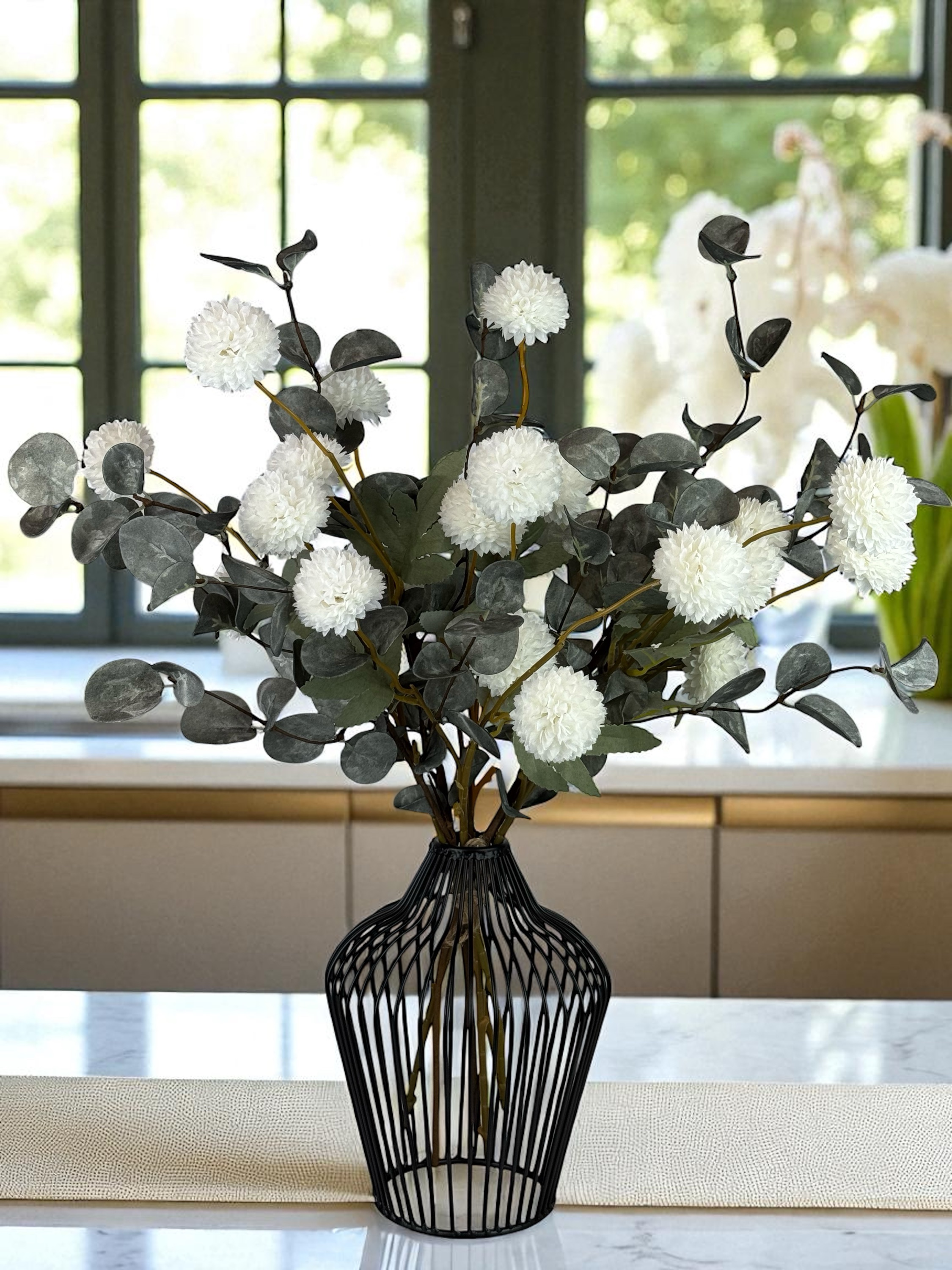Mini Flower Bunch - Faux White PomPom Dahlias & Green Eucalyptus